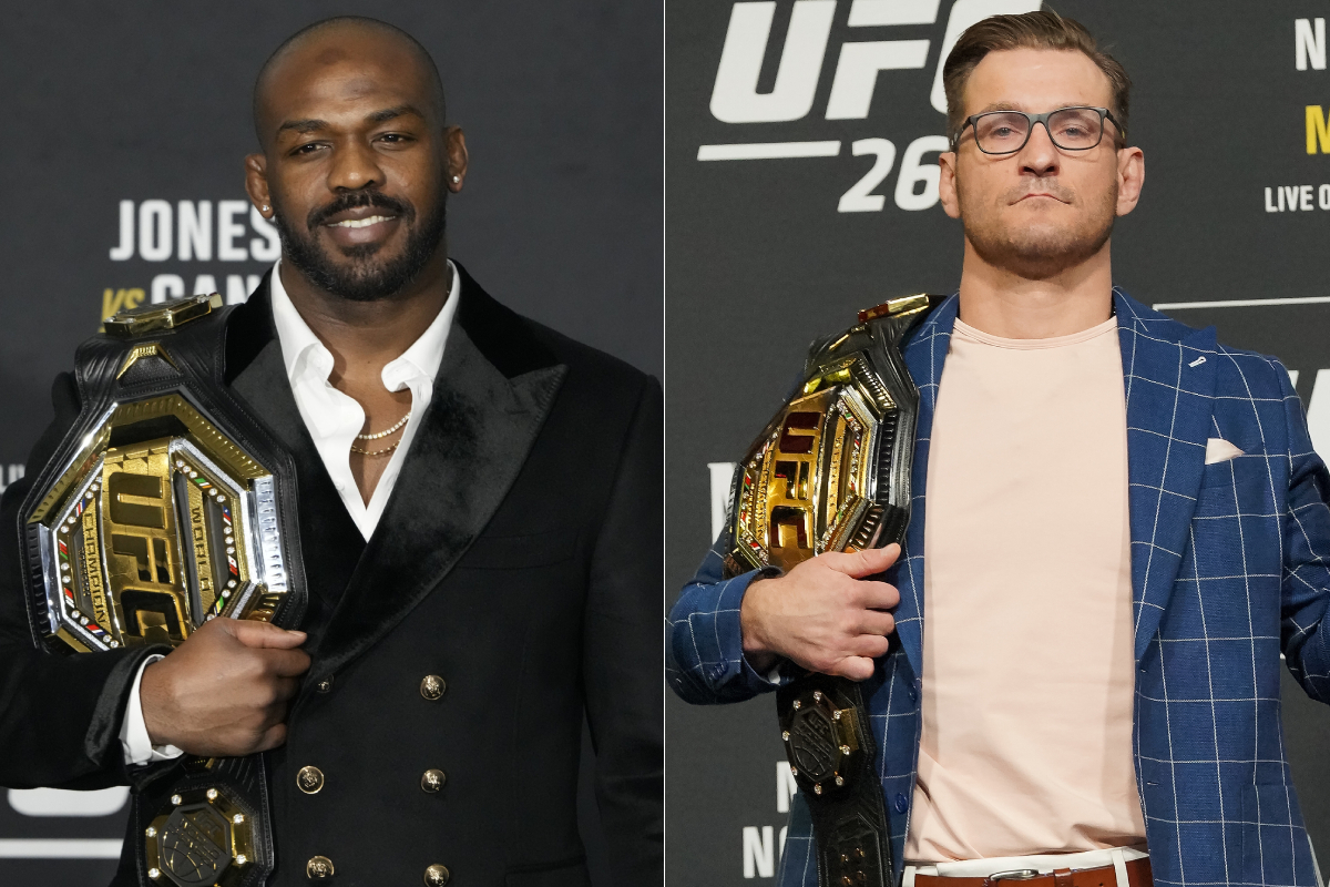 Foto montagem com Jon Jones e Stipe Miocic exibindo seus cinturões